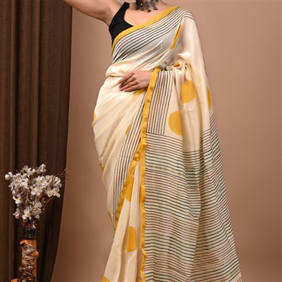Hand Block Mustard Polka Chanderi Silk Saree