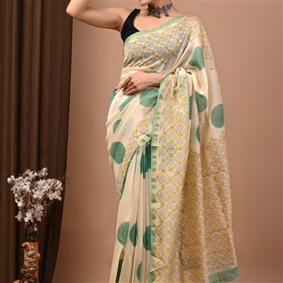 Golden Blooms Chanderi Silk Saree with Green Circles