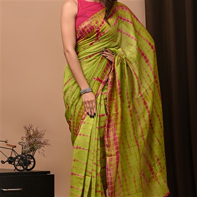 Silk Lime Green Tie-Dye Saree with Pink Accents