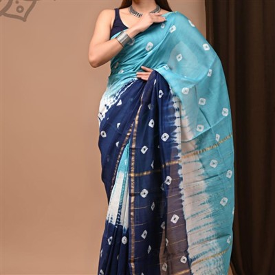 Turquoise Bandhani Chanderi Silk Saree with Golden Accents