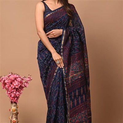 Hand Block Printed Navy Blue Silk Saree with Gold Border