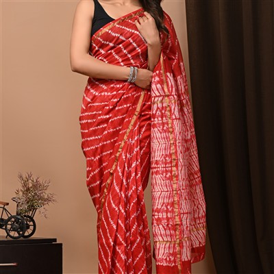 Hand Block Printed Red Tie-Dye Chanderi Silk Saree with Gold Border