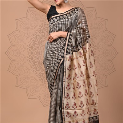 Black Checkered Chanderi Silk Saree with Paisley Pallu