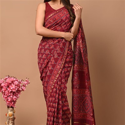 Maroon Silk Chanderi Floral Saree with Elaborate Border