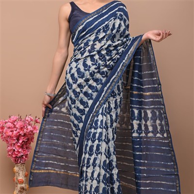 Indigo Tie-Dye Chanderi Silk Saree with Gold Accents