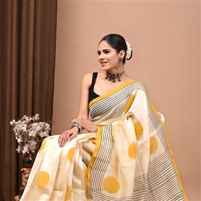 Mustard Polka Dot Chanderi Silk Saree with Black Striped Pallu