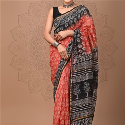 Hand Block Printed Chanderi Silk Saree in Red and Black Floral Elegance