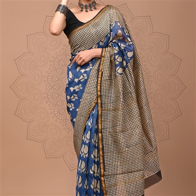 Hand Block Printed Beige and Blue Chanderi Silk Saree with Gold Accents