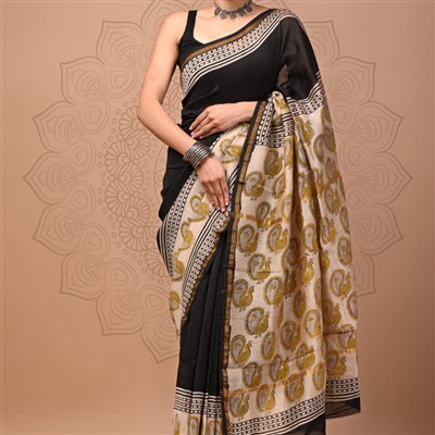 Hand Block Printed Beige Paisley Chanderi Silk Saree