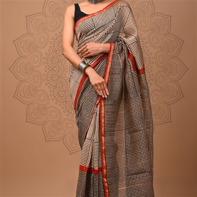 Rustic Geometric Chanderi Silk Saree with Burnt Orange Border