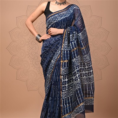 Golden Border Navy Blue Chanderi Silk Saree with Pallu Stripes