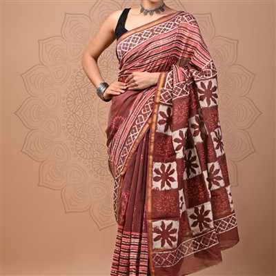 Maroon Floral Chanderi Silk Saree with Geometric Border