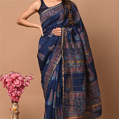 Golden Paisley Silk Chanderi Saree with Intricate Borders
