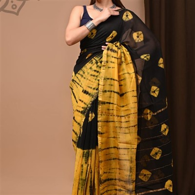 Hand Block Printed Chanderi Silk Saree in Mustard Yellow and Black Circles