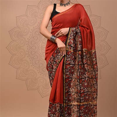 Chanderi Silk Rust Floral Saree with Black Border
