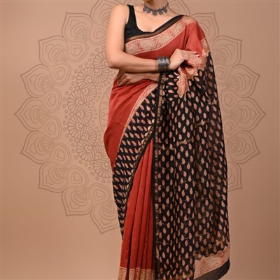 Hand Block Printed Rust Orange & Black Chanderi Silk Saree