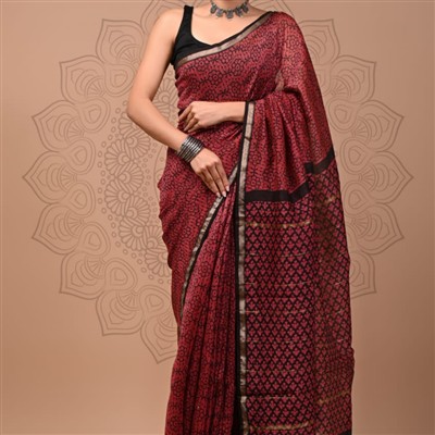 Hand Block Printed Maroon Chanderi Silk Saree with Black Floral Border
