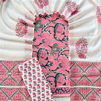Hand Block Printed Pink Floral Cotton Suit Set