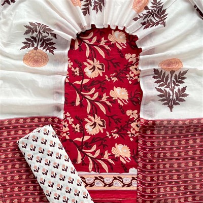 Handcrafted Red Floral Cotton Suit Set with White Duptta