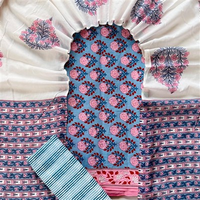 Handcrafted Blue Floral Cotton Suit Set
