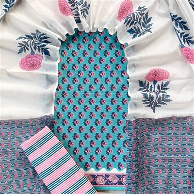Teal Floral Hand Block Printed Cotton Suit Set