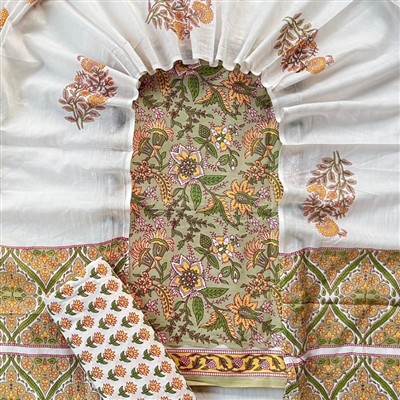 Hand Block Printed Olive Green Cotton Suit Set with Floral Border