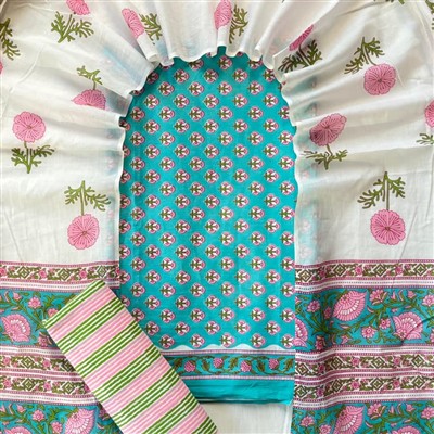 Turquoise Floral Cotton Suit Set with Pink & Green Accents
