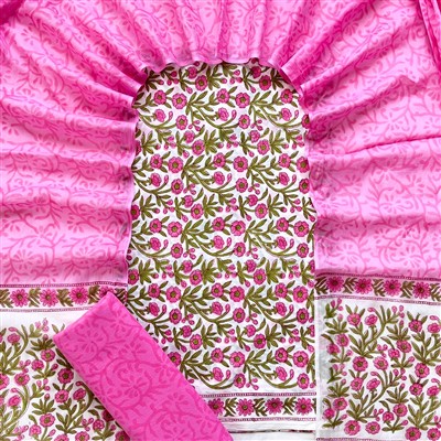 Hand Block Printed Pink and White Floral Cotton Suit Set