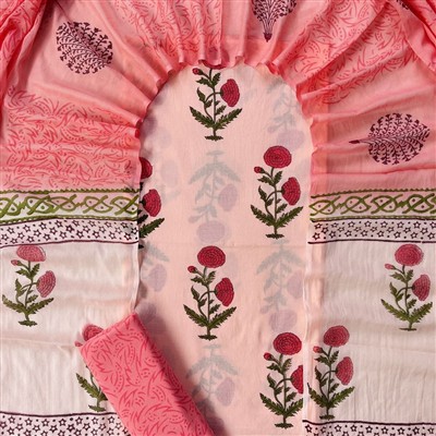 Hand Block Printed Peach Floral Cotton Suit Set