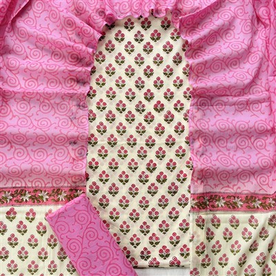 Swirling Pink Blossoms Hand Block Cotton Suit Set