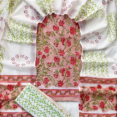 Hand Block Printed Pink Floral Cotton Suit Set