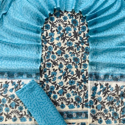 Indigo Blossom Hand Block Printed Cotton Suit Set