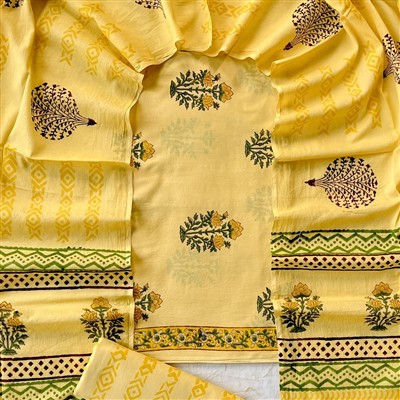 Mustard Floral Hand Block Printed Cotton Suit Set
