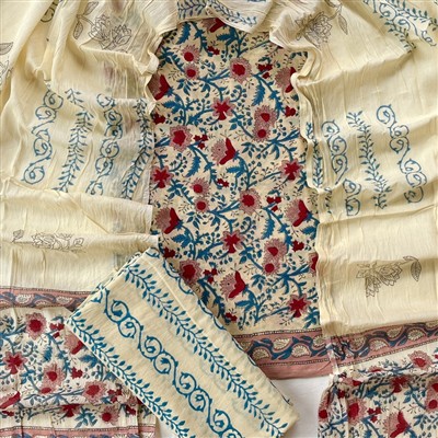Hand Block Printed Floral Cotton Suit Set with Blue Vines