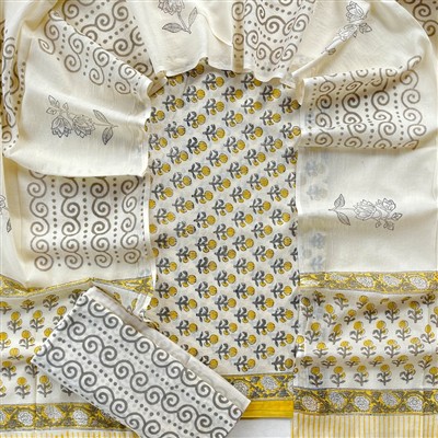 Hand Block Printed Grey Floral Cotton Suit Set