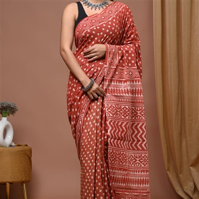 Rustic Terracotta Floral Hand Block Saree