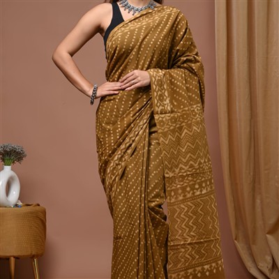 Hand Block Printed Mustard Brown Mulmul Cotton Saree with Geometric Pallu Design