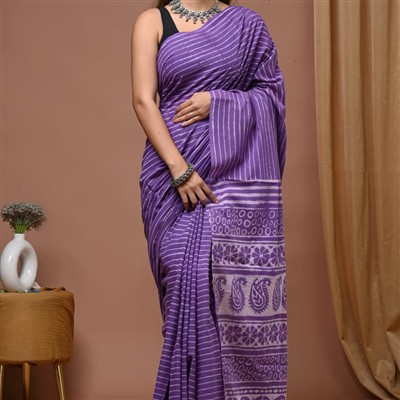 Striped Lavender Paisley Mulmul Saree