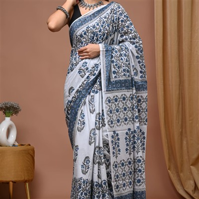 Hand Block Printed Floral Grey Cotton Saree 5.5m