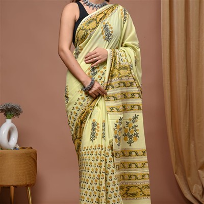 Hand Block Printed Lemon Floral Mulmul Cotton Saree