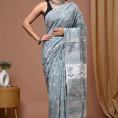 Hand Block Printed Blue-Gray Mulmul Cotton Saree with Intricate Floral Patterns