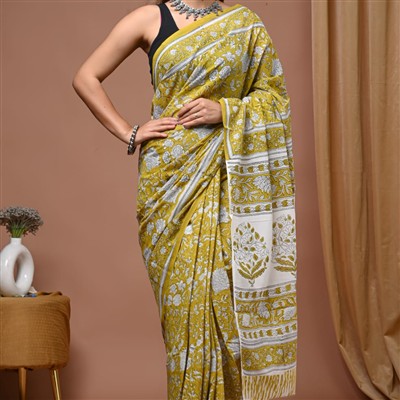 Hand Block Printed Mustard Floral Mulmul Cotton Saree