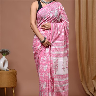 Mulmul Cotton Hand Block Printed Saree in Pink Floral Elegance