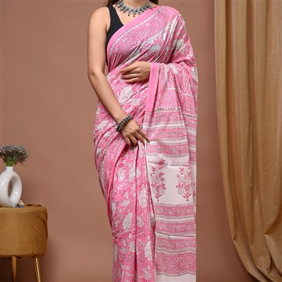 Pink Floral Paradise Mulmul Cotton Saree