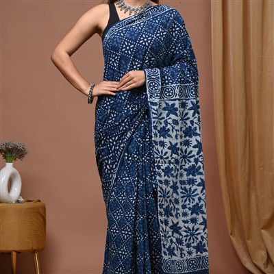 Hand Block Printed Navy Blue Cotton Saree with Floral Patterns