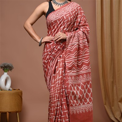 Rustic Zigzag Hand Block Cotton Saree 5.5 Meters
