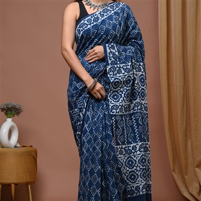Indigo Floral Hand Block Cotton Saree 5.5m Premium Quality