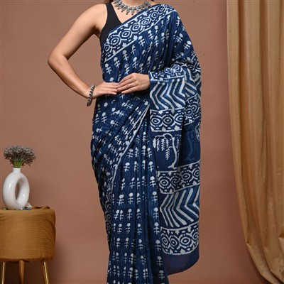 Navy Blue Tribal Motif Mulmul Cotton Saree