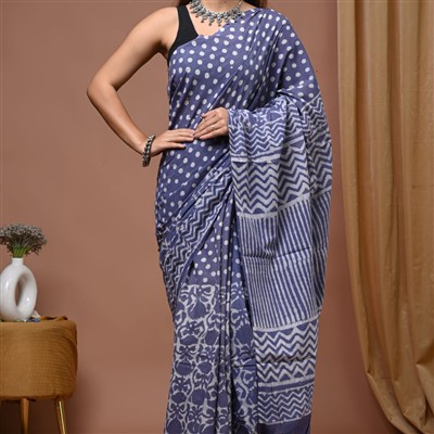Indigo Geometric Hand Block Printed Mulmul Cotton Saree