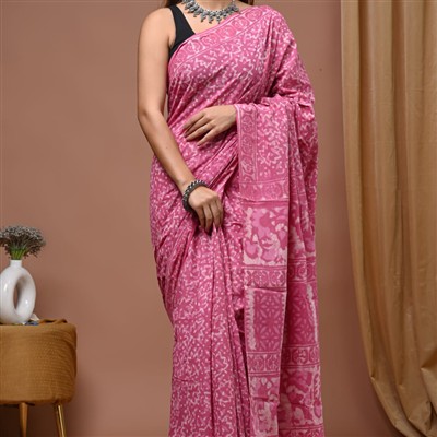 Hand Block Printed Pink Cotton Saree Floral Charm